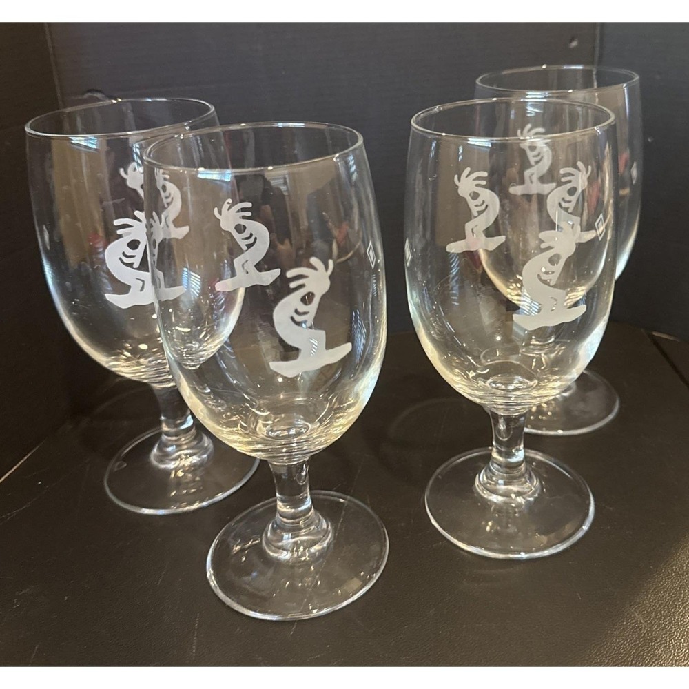 Native American Themed Water Tea Goblet Glasses Etched Kokopelli Set Of 4